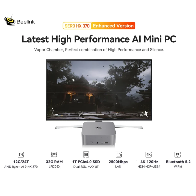 Beelink SER9 AMD Ryzen AI 9 HX 370 Processor (64GB RAM+2TB SSD | 32GB RAM+1TB SSD) Windows 11 Pro Mini PC (Frost Silver, Space Grey)