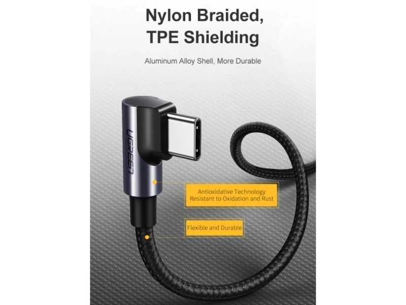 UGreen USB-C 2.0 Male To Angled USB-C 2.0 Male 3A Data Cable (Black) (2M, 3M) (US255/50125, US255/80714)