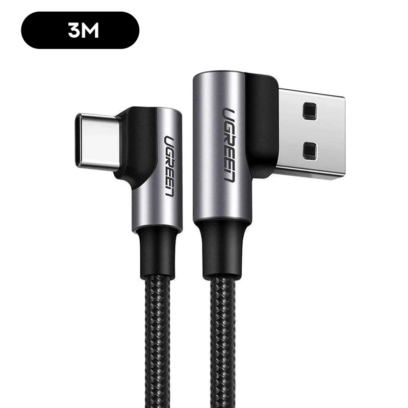 UGreen USB-C 2.0 Male To Angled USB-C 2.0 Male 3A Data Cable (Black) (2M, 3M) (US255/50125, US255/80714)