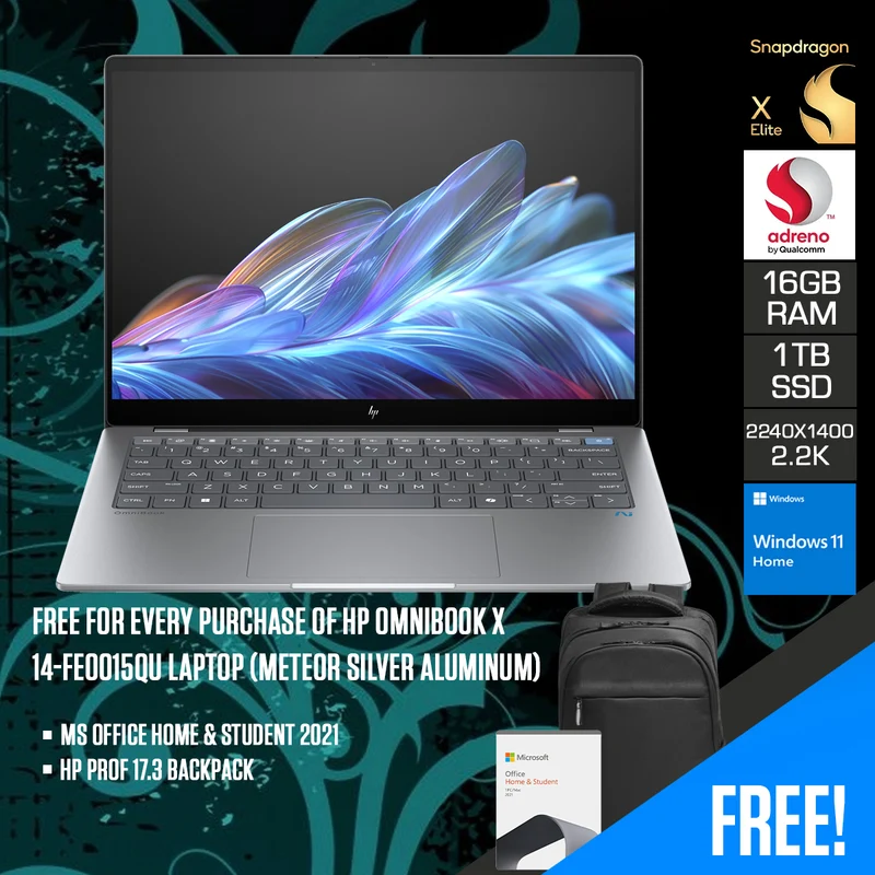 HP OmniBook X 14-FE0015QU Laptop (Meteor Silver Aluminum) | 14" 2.2K (2240x1400) IPS | Snapdragon X Elite X1E-78-100 | 16GB RAM | 1TB SSD | Qualcomm Adreno GPU | Windows 11 Home | MS Office Home & Student 2021 + HP Prof 17.3 Backpack