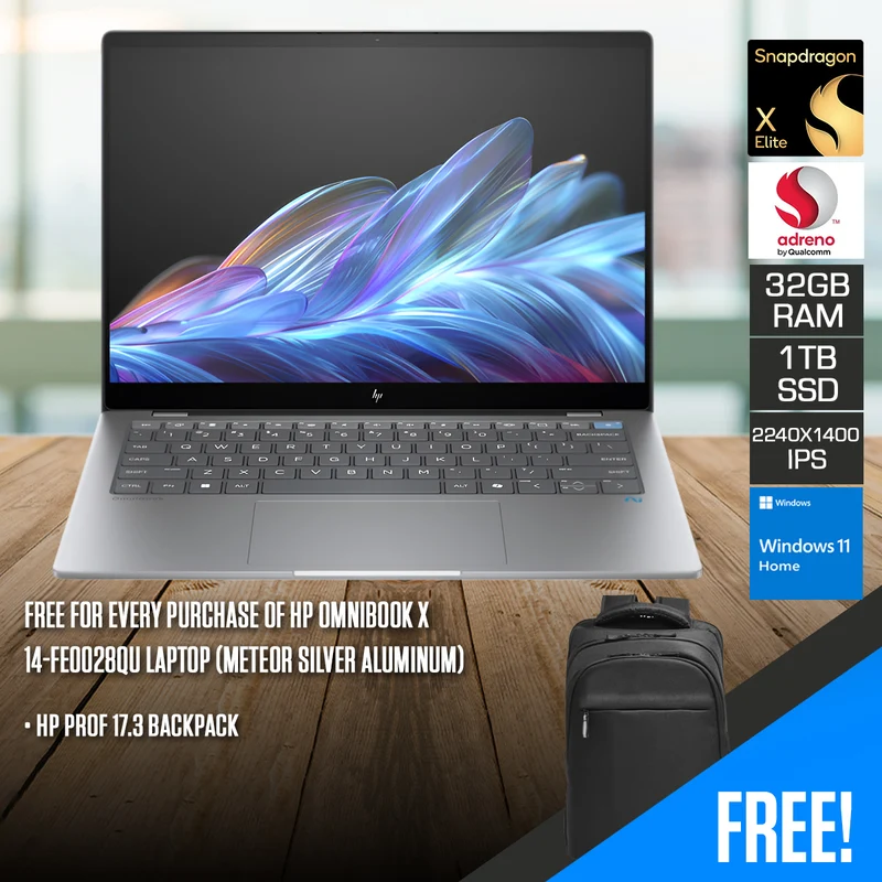 HP OmniBook X 14-FE0028QU Laptop (Meteor Silver Aluminum) | 14" 2.2K (2240x1400) IPS | Snapdragon X Elite X1E-78-100 | 32GB RAM | 1TB SSD | Qualcomm Adreno GPU | Windows 11 Home | HP Prof 17.3 Backpack