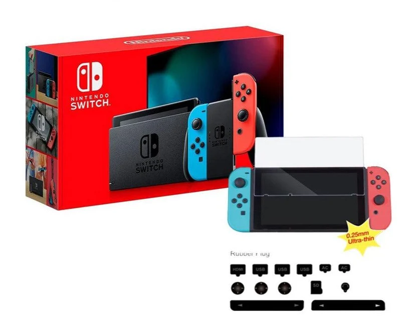 Nintendo Switch Console With Red/Blue Joycon (Refresh)+NSW Dobe Dust-Proof Kit Include Rubber Plug & Glass Film (TNS-862) Bundle
