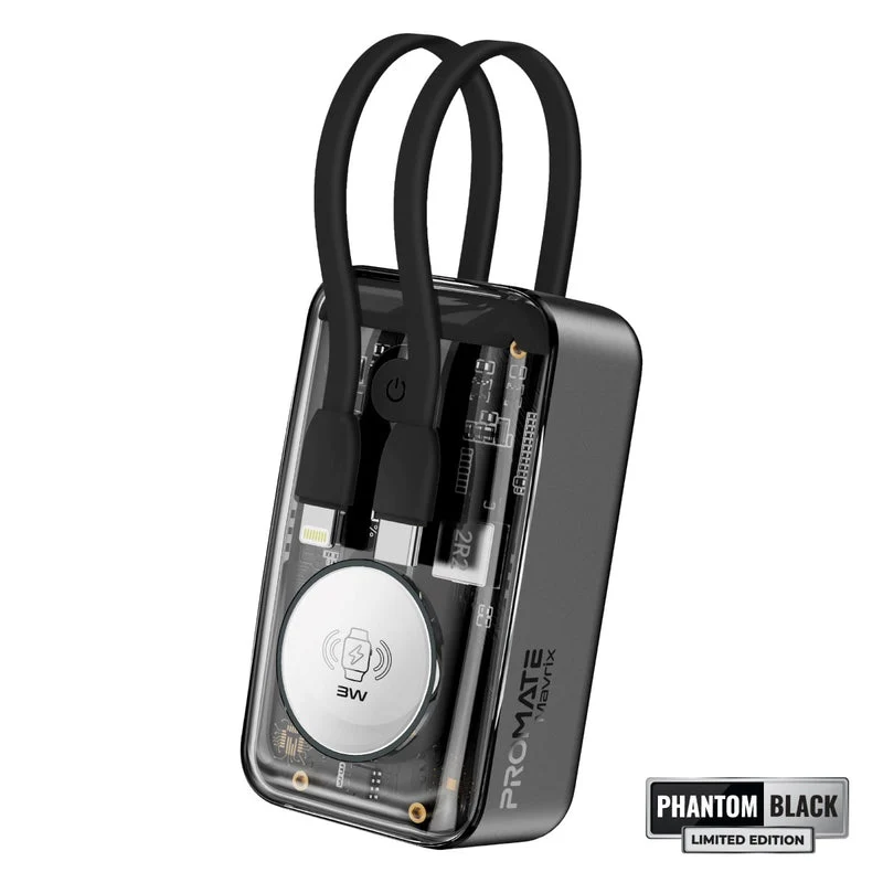 Promate Mavrix 10000MAH 35W Power Delivery Apple iPhone & Watch fast Charging Power Bank with USB-C & Lightning Cable (Black)