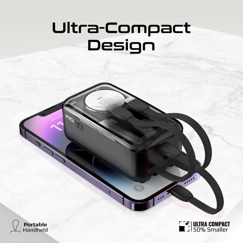 Promate Mavrix 10000MAH 35W Power Delivery Apple iPhone & Watch fast Charging Power Bank with USB-C & Lightning Cable (Black)