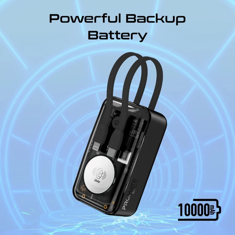 Promate Mavrix 10000MAH 35W Power Delivery Apple iPhone & Watch fast Charging Power Bank with USB-C & Lightning Cable (Black)
