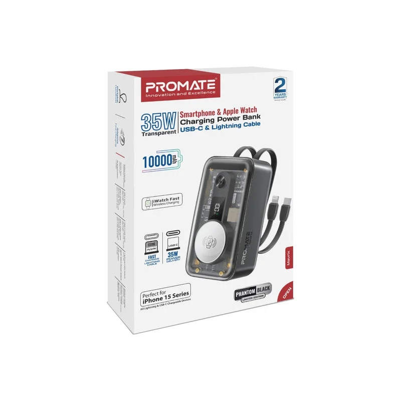 Promate Mavrix 10000MAH 35W Power Delivery Apple iPhone & Watch fast Charging Power Bank with USB-C & Lightning Cable (Black)