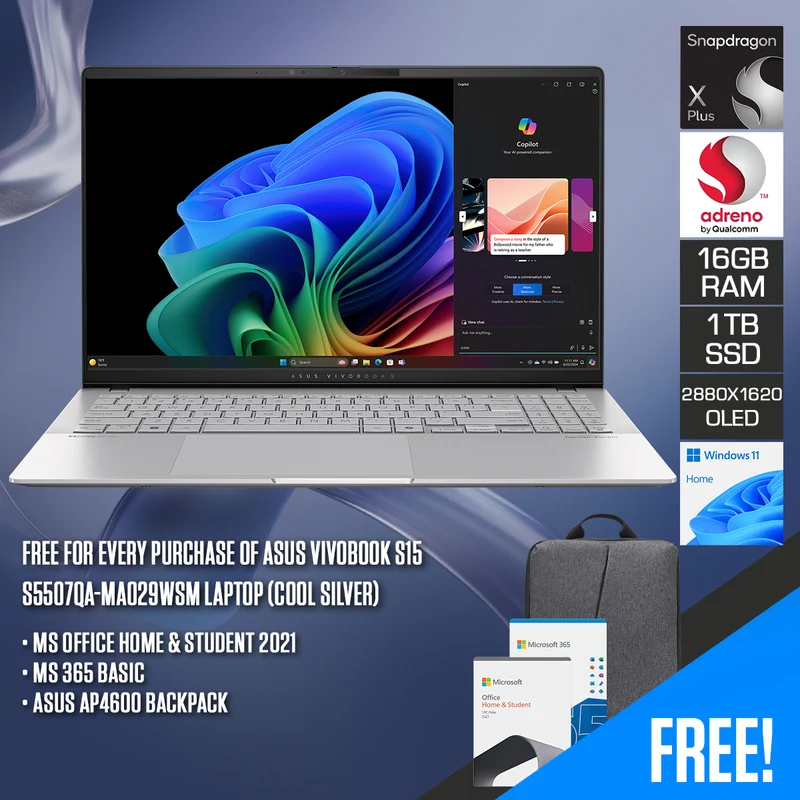 Asus Vivobook S15 S5507QA-MA029WSM Laptop (Cool Silver) | 15.6" 3K (2880x1620) OLED | Snapdragon X Plus X1P 42 100 | 16GB RAM | 1TB SSD | Qualcomm Adreno GPU | Windows 11 Home + MS Office Home & Student 2021 + MS 365 Basic + Asus AP4600 Backpack