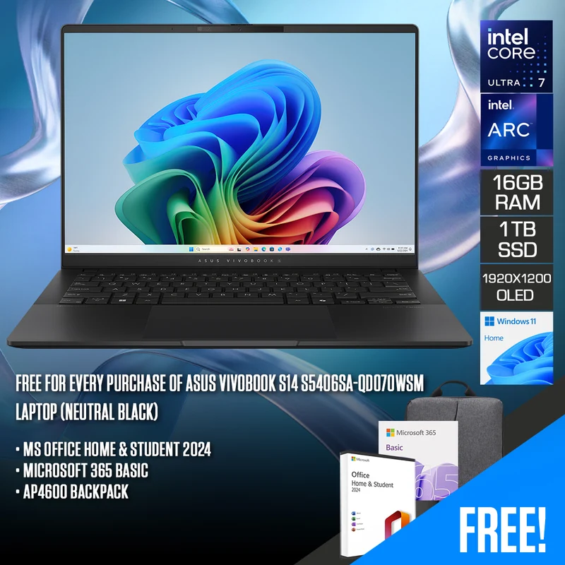 Asus Vivobook S14 S5406SA-QD070WSM Laptop (Neutral Black) | 14" WUXGA (1920x1200) OLED | Core Ultra 7 256V | 16GB RAM | 1TB SSD | Intel Arc Graphics | Windows 11 Home | MS Office Home & Student 2024 + MS 365 Basic + Asus AP4600 Backpack