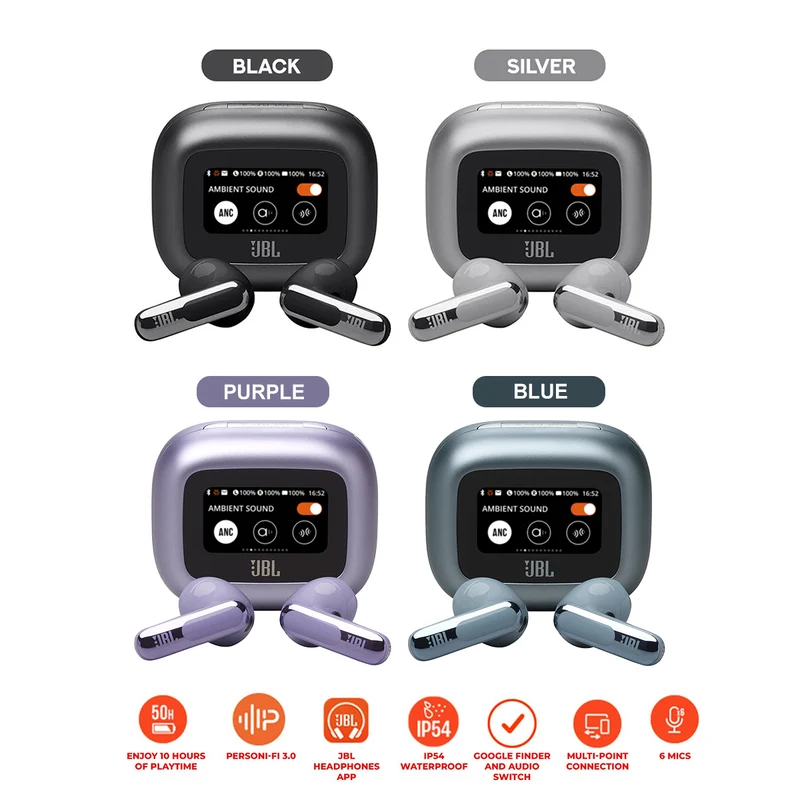 JBL Live Flex 3 True Wireless Noise-Cancelling Earbuds with Open-Stick Design & Smart Charging Case (Black, Silver, Blue, Purple)
