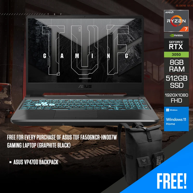 Asus TUF FA506NCR-HN007W Gaming Laptop (Graphite Black) | 15.6" FHD (1920x1080) IPS 144Hz | Ryzen 7 7435HS | 8GB RAM | 512GB SSD | RTX 3050 | Windows 11 Home + Asus VP4700 Backpack