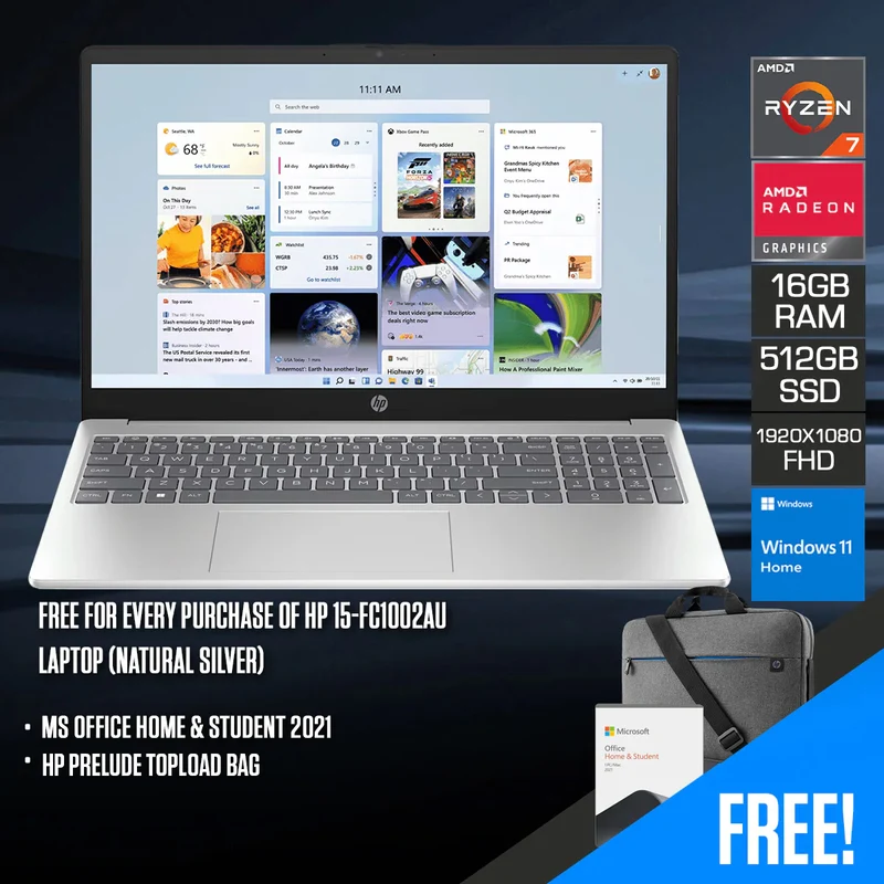 HP 15-FC1002AU Laptop (Natural Silver) | 15.6" FHD (1920x1080) IPS | R7-7735HS | 16GB RAM | 512GB SSD | AMD Radeon Integrated Graphics | Windows 11 Home | MS Office Home & Student 2021 + HP Prelude Topload Bag
