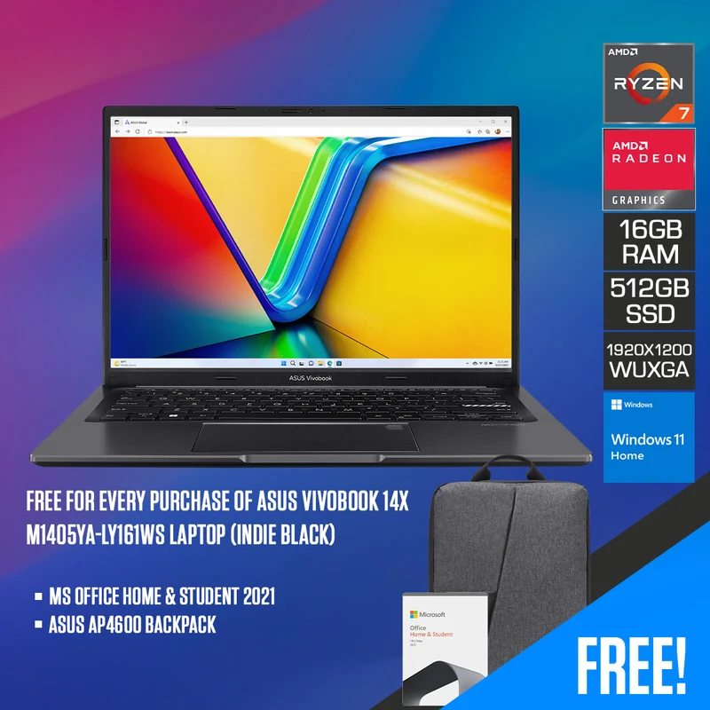 Asus Vivobook 14X M1405YA-LY161WS Laptop (Indie Black) | 14" WUXGA (1920x1200) IPS | Ryzen 7 7730U | 16GB RAM | 512GB SSD | AMD Radeon Graphics | Windows 11 Home | MS Office Home & Student 2021 + Asus AP4600 Backpack