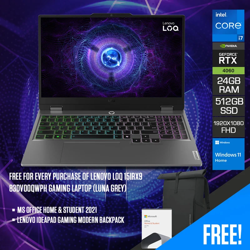 Lenovo LOQ 15IRX9 83DV00QWPH Gaming Laptop (Luna Grey) | 15.6" FHD (1920x1080) IPS 144Hz | i7-13650HX | 24GB RAM | 512GB SSD | RTX 4060 | Windows 11 Home | MS Office Home & Student 2021 + Lenovo IdeaPad Gaming Modern Backpack