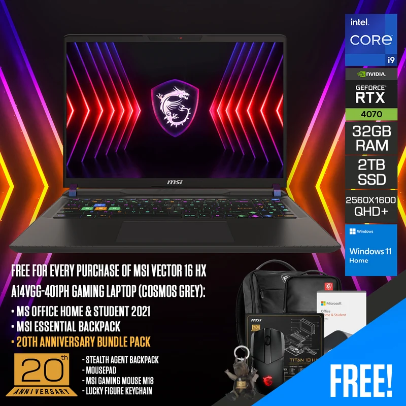 MSI Vector 16 HX A14VGG-401PH Gaming Laptop (Cosmos Grey) | 16" QHD+ (2560x1600) IPS 240Hz | i9-14900HX | 32GB (16GBx2) RAM | 2TB SSD | RTX 4070 | Windows 11 Home | MSI Essential Backpack + MS Office Home & Student 2021 + 20th Anniversary Bundle Pack