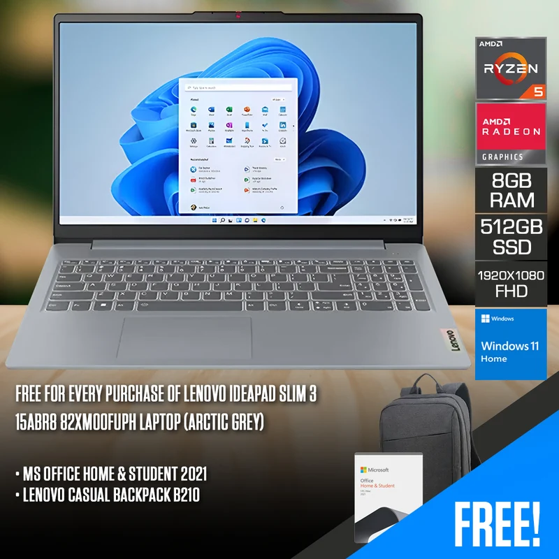 Lenovo IdeaPad Slim 3 15ABR8 82XM00FUPH Laptop (Arctic Grey) | 15.6" FHD (1920x1080) TN | Ryzen 5 7430U | 8GB RAM | 512GB SSD | Integrated AMD Radeon | Windows 11 Home | MS Office Home & Student 2021 + Lenovo Casual Backpack B210