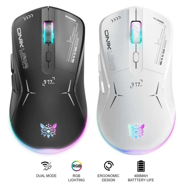 Onikuma CW917 RGB Dual-Mode Gaming Mouse (Black, White)