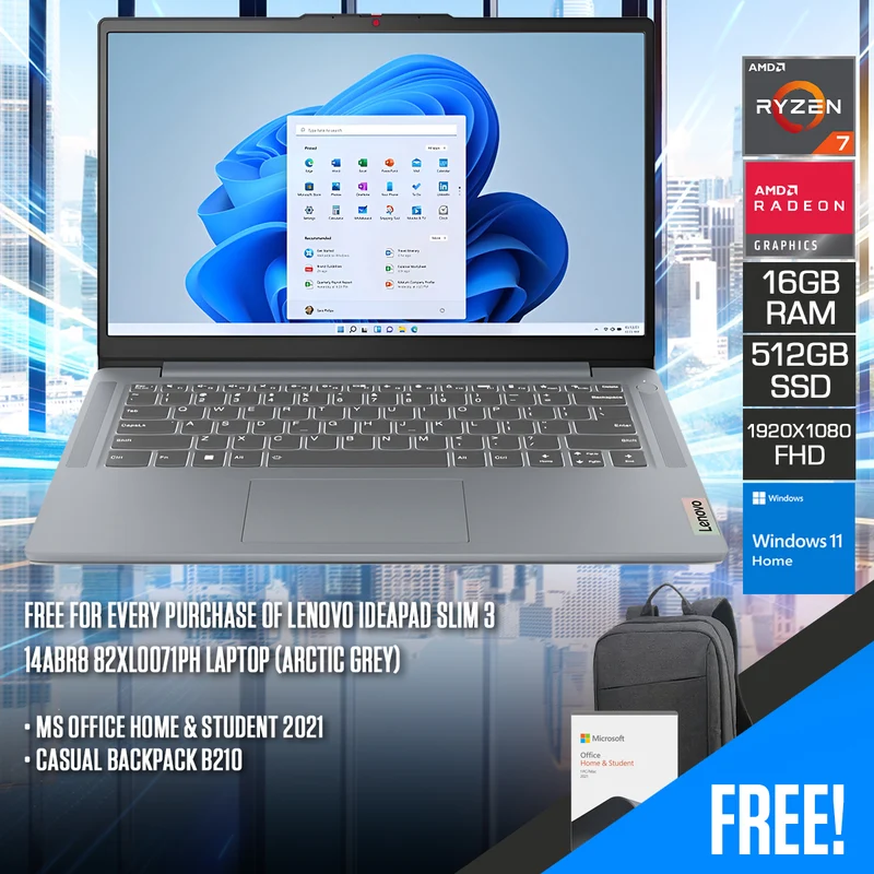 Lenovo Ideapad Slim 3 14ABR8 82XL0071PH Laptop (Arctic Grey) | 14" FHD (1920x1080) | Ryzen 7 7730U | 16GB RAM | 512GB SSD | AMD Radeon Graphics | Windows 11 Home | MS Office Home & Student 2021 | Casual Backpack B210