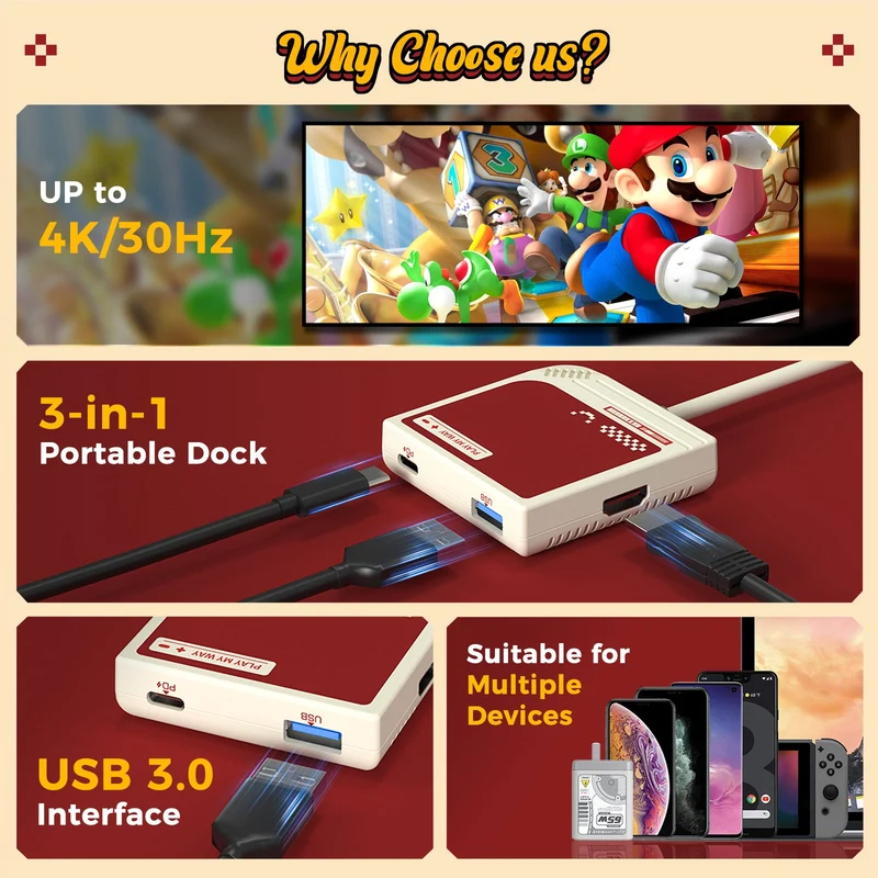 IINE Video Converter 3-in-1 HD Resolution Conversion for Switch 4K/ 30Hz (Red/White, Grey)