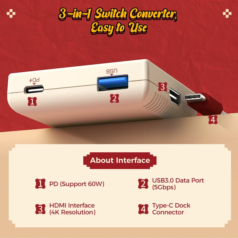 IINE Video Converter 3-in-1 HD Resolution Conversion for Switch 4K/ 30Hz (Red/White, Grey)