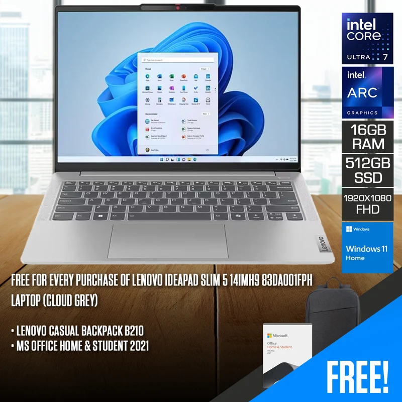 Lenovo IdeaPad Slim 5 14IMH9 83DA001FPH Laptop (Cloud Grey) | 14" WUXGA (1920x1200) IPS | Ultra 7 155H | 16GB RAM | 512GB SSD | Intel Arc Graphics | Windows 11 Home + MS Office Home & Student 2021 + Lenovo Casual Backpack B210