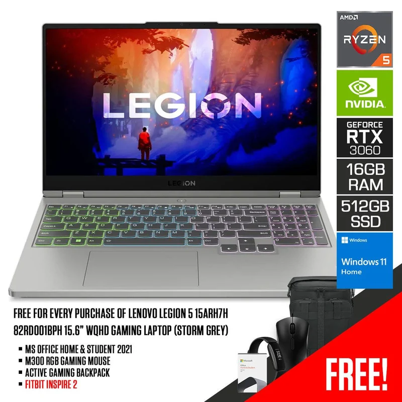 LENOVO Legion 5 15ARH7H 82RD001BPH Gaming Laptop (Storm Grey) | 15.6” WQHD | Ryzen 5 6600H | 16 GB RAM DDR5 | 512 GB SSD | RTX 3060 | Windows 11 Home | MS Office H&S 2021 | M300 RGB Gaming Mouse | Active Gaming Backpack