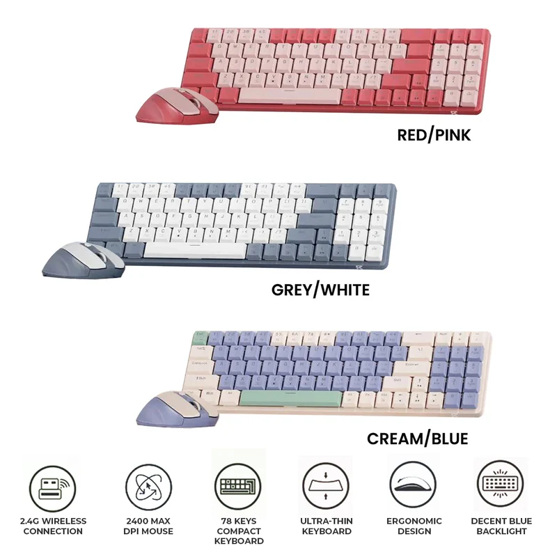 Redragon BS-8772 2.4G Wireless Mechanical Keyboard & Mouse Combo (Red/Pink, Grey/White, Cream/Blue)