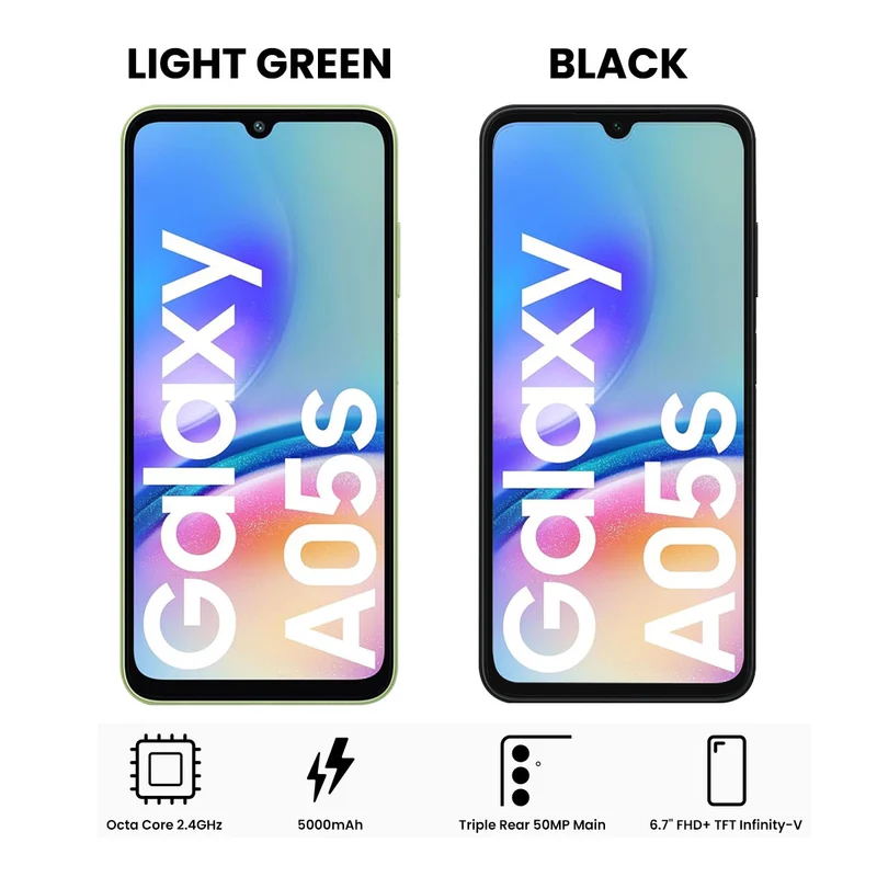 Samsung Galaxy A05S SM-A057F/DS | 128GB+4GB RAM | LTE + Wi-Fi | 6.7" FHD + TFT Infinity-V | Android 13 | Octa Core 2.4GHz | 50MP + 13MP | 5000mAh (Black, Light Green)