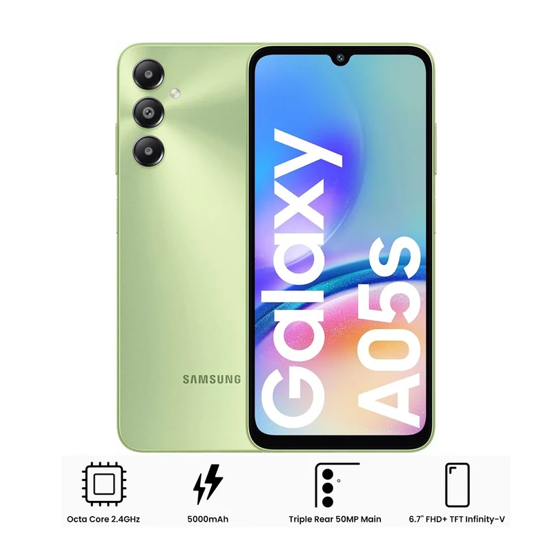 Samsung Galaxy A05S SM-A057F/DS | 128GB+4GB RAM | LTE + Wi-Fi | 6.7" FHD + TFT Infinity-V | Android 13 | Octa Core 2.4GHz | 50MP + 13MP | 5000mAh (Black, Light Green)