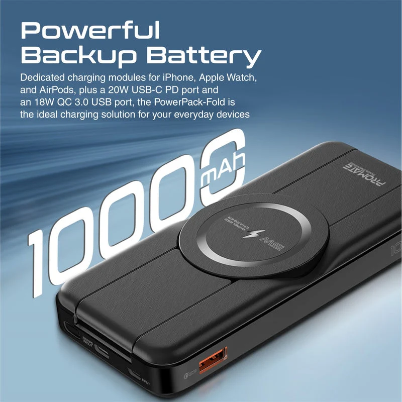 Promate PowerPack-Fold 10000mAH 20W Magsafe Compatible 5-in-1 Foldable 15W Wireless Charging Power Bank