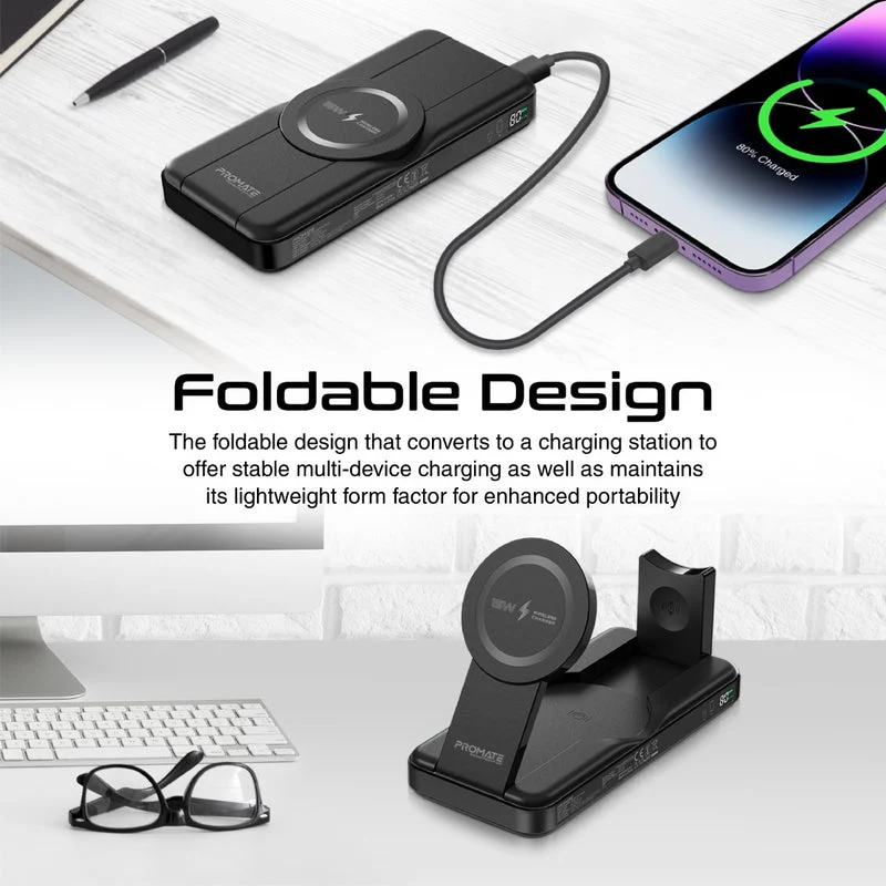 Promate PowerPack-Fold 10000mAH 20W Magsafe Compatible 5-in-1 Foldable 15W Wireless Charging Power Bank