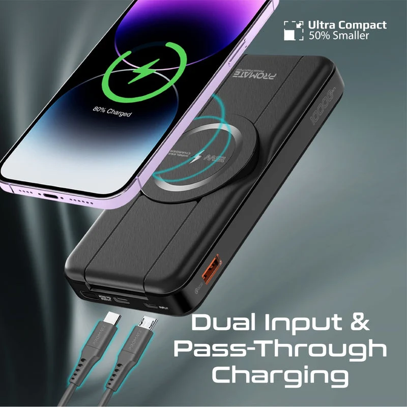 Promate PowerPack-Fold 10000mAH 20W Magsafe Compatible 5-in-1 Foldable 15W Wireless Charging Power Bank