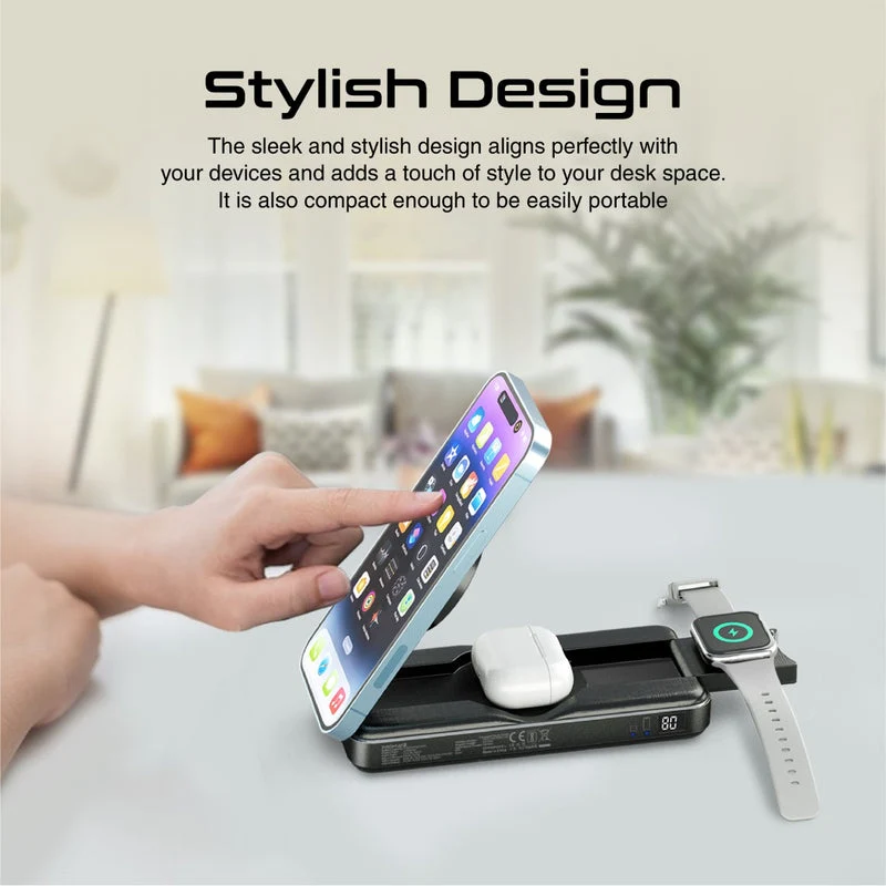 Promate PowerPack-Fold 10000mAH 20W Magsafe Compatible 5-in-1 Foldable 15W Wireless Charging Power Bank
