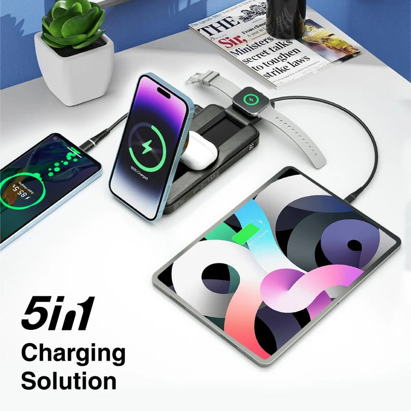 Promate PowerPack-Fold 10000mAH 20W Magsafe Compatible 5-in-1 Foldable 15W Wireless Charging Power Bank