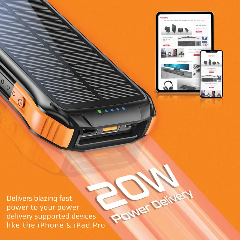 Promate SolarTank-10PDQI 10000mAH 20W Wireless Charging Rugged Ecolight Solar 5-in-1 Power Bank