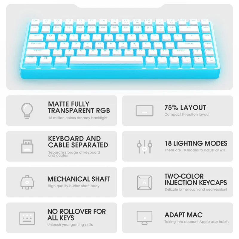 Onikuma G30 84-Key RGB Mechanical Keyboard (White) (Red Axis Switch, Cyan Axis Switch)
