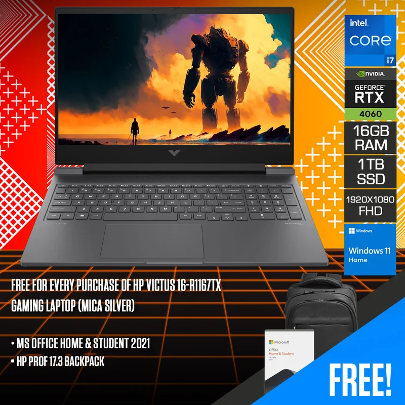 HP Victus 16-R1167TX Gaming Laptop (Mica Silver) | 16.1" FHD (1920x1080) 144Hz IPS | i7-14650HX | 16GB RAM | 1TB SSD | RTX 4060 | Windows 11 Home | MS Office Home & Student 2021 | HP Prof 17.3 Backpack