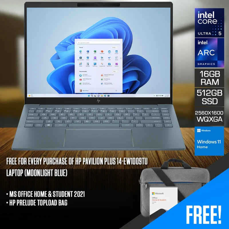HP Pavilion Plus 14-EW1009TU Laptop (Moonlight Blue) | 14" WQXGA (2560x1600) IPS | Ultra 5 125H | 16GB RAM | 512GB SSD | Intel Arc Graphics | Windows 11 Home | MS Office Home & Student 2021 + HP Prelude Topload Bag