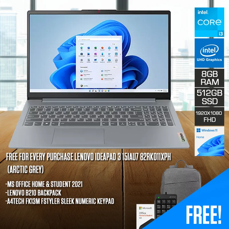 Lenovo IdeaPad 3 15IAU7 82RK011XPH Laptop (Arctic Grey) | 15.6" FHD (1920x1080) | i3-1215U | 8GB RAM | 512GB SSD | Intel UHD Graphics | Windows 11 Home + MS Office Home & Student 2021 + Lenovo B210 Backpack + A4 Tech Keypad