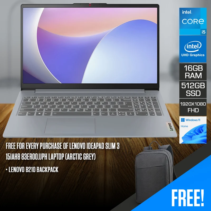 Lenovo IdeaPad Slim 3 15IAH8 83ER00JJPH Laptop (Arctic Grey) | 15.6" FHD (1920x1080) TN | i5-12450H | 16GB RAM | 512GB SSD | Intel UHD Graphics | Windows 11 Home | Lenovo B210 Backpack
