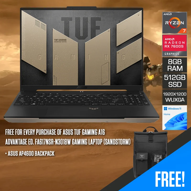 Asus TUF Gaming A16 Advantage Edition FA617NSR-N3018W Gaming Laptop (Sandstorm) | 16" WUXGA (1920x1200) 165Hz | R7-7435HS | 8GB RAM | 512GB SSD | AMD RX 7600S | Windows 11 Home + Asus VP4700 Backpack