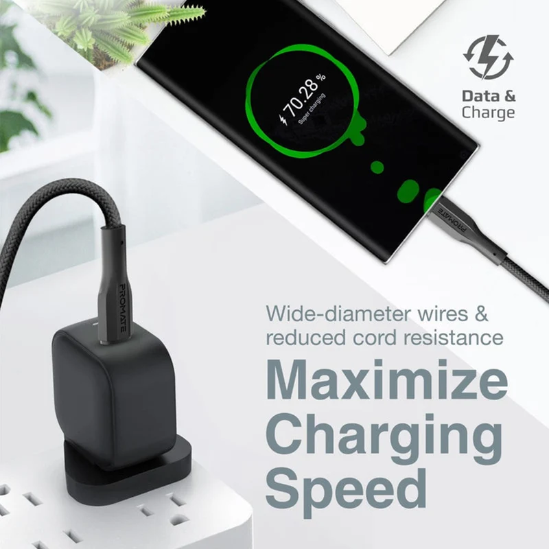 Promate Xcord-CC 60Watts Power Delivery High Tensile Strength Data & Charge Usb-C Ultra Flexible Cable (Black)