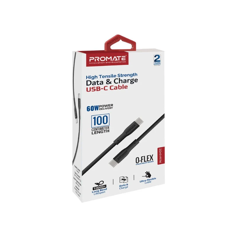 Promate Xcord-CC 60Watts Power Delivery High Tensile Strength Data & Charge Usb-C Ultra Flexible Cable (Black)