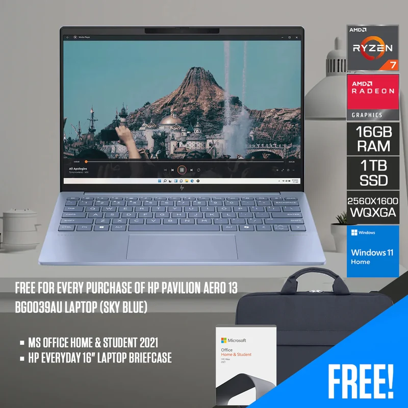 HP Pavilion Aero 13-BG0039AU Laptop (Sky Blue) | 13.3" WQXGA (2560x1600) IPS | Ryzen 7 8840U | 16GB RAM | 1TB SSD | AMD Radeon Integrated Graphics | Windows 11 Home | MS Office Home & Student 2021 + HP Everyday 16" Laptop Briefcase