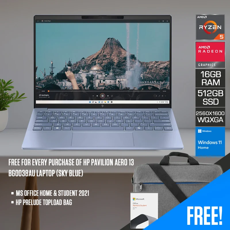 HP Pavilion Aero 13-BG0038AU Laptop (Sky Blue) | 13.3" WQXGA (2560x1600) IPS | Ryzen 5 8640U | 16GB RAM | 512GB SSD | AMD Radeon Graphics | Windows 11 Home | MS Office Home & Student 2021 + HP Prelude Topload Bag