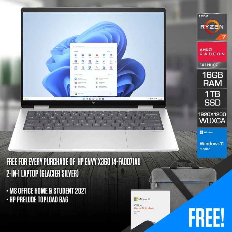 HP Envy X360 14-FA0071AU 2-in-1 Laptop (Glacier Silver) | 14" WUXGA (1920x1200) IPS | Ryzen 7 8840HS | 16GB RAM | 1TB SSD | AMD Radeon Graphics | Windows 11 Home | MS Office Home & Student 2021 + HP Prelude 15.6" Topload Bag