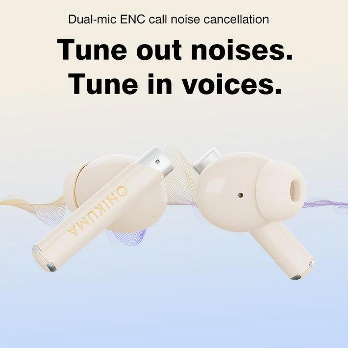 Onikuma T18 Dual Microphone ENC Noise Reduction Wireless Earphones (White, Off-White, Brown)