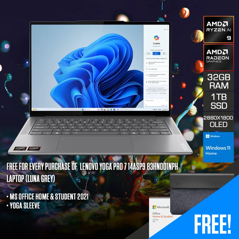 Lenovo Yoga Pro 7 14ASP9 83HN001NPH Laptop (Luna Grey) | 14.5" 2.8K (2880x1800) OLED 120Hz | Ryzen AI 9 365 | 32GB RAM | 1TB SSD | Integrated AMD Radeon 880M Graphics | Windows 11 Home | MS Office Home & Student 2021 + Yoga Sleeve