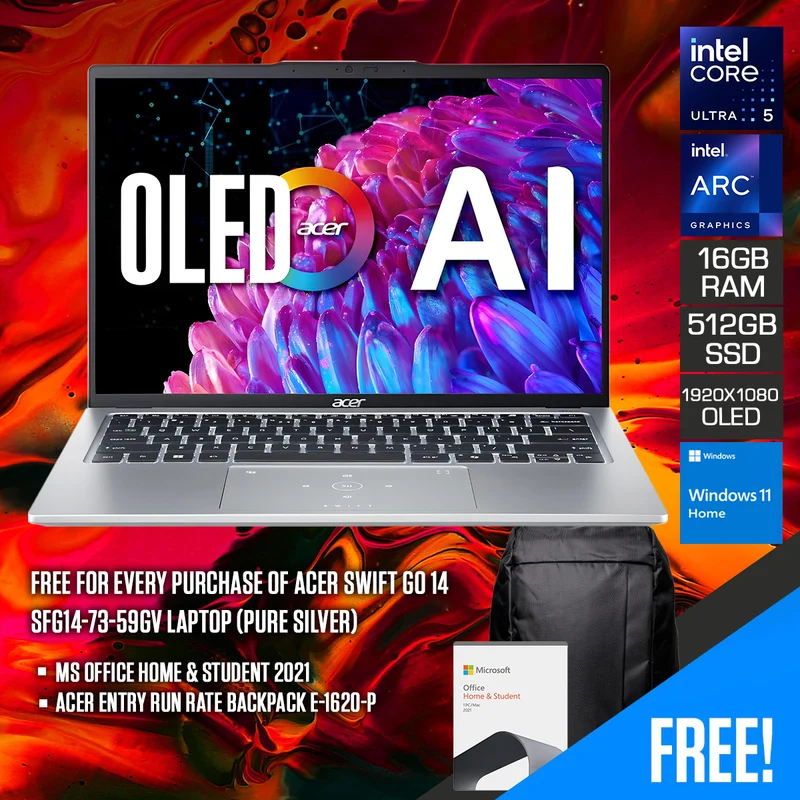 Acer Swift Go 14 SFG14-73-59GV Laptop (Pure Silver) | 14" FHD (1920x1080) OLED | Ultra 5 125H | 16GB RAM | 512GB SSD | Intel Arc Graphics | Windows 11 Home + MS Office Home & Student 2021 + Acer Entry Run Rate Backpack E-1620-P