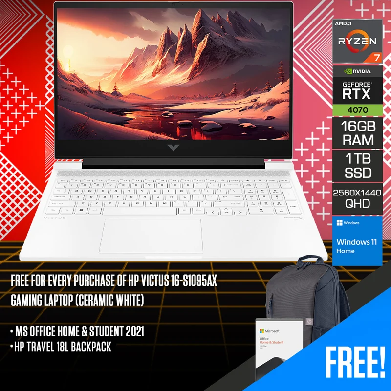 HP Victus 16-S1095AX Gaming Laptop (Ceramic White) | 16.1" QHD (2560x1440) 165Hz IPS | Ryzen 7 8845HS | 16GB RAM | 1TB SSD | RTX 4070 | Windows 11 Home | MS Office Home & Student 2021 | HP Travel 18L Backpack