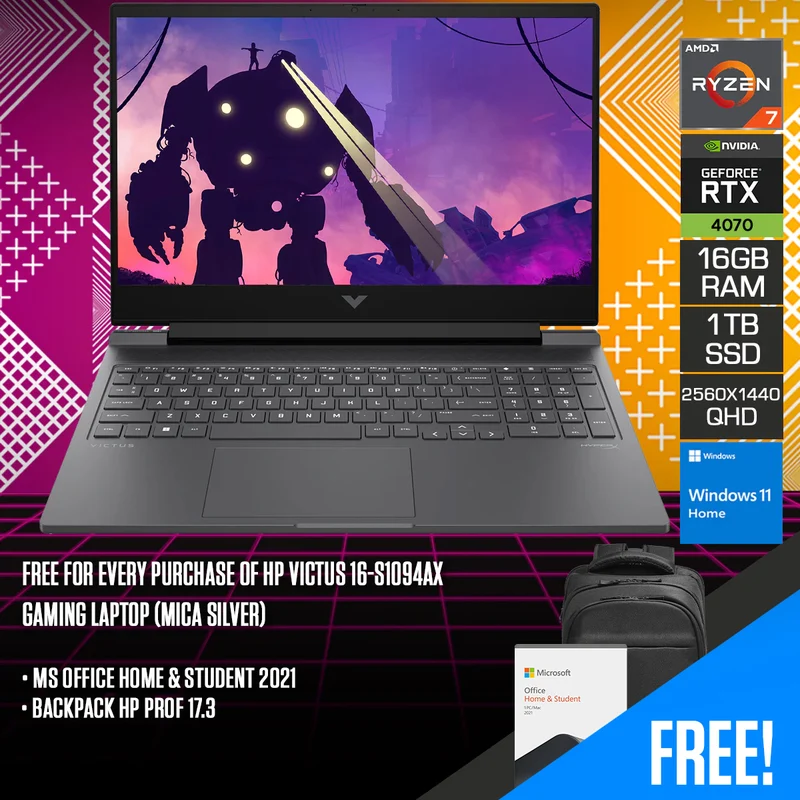 HP Victus 16-S1094AX Gaming Laptop (Mica Silver) | 16.1" QHD (2560x1440) 165Hz IPS | Ryzen 7 8845HS | 16GB RAM | 1TB SSD | RTX 4070 | Windows 11 Home | MS Office Home & Student 2021 | HP Everyday 16" Laptop Briefcase